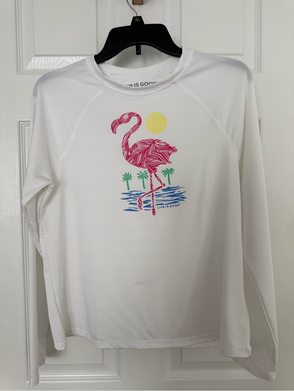 Life Is Good White Long-Sleeve Rashguard with Pink Flamingo Graphic